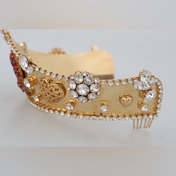 Gold Brass Red Crystal Heart Head Tiara Crown - Picture 3 of 7